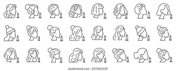  Woman blow candles icons set. Female profiles sniffing candles, aromatherapy and relaxation line icons