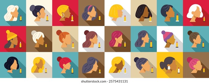  Woman blow candles icons set. Women with various hairstyles and ethnicities are applying lipstick, showcasing diversity and inclusion in beauty