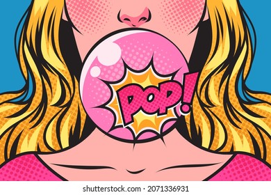 Woman blowing bubble with a pink bubble gum and Pop! speech bubble. Pop art comic vector retro illustration.	
