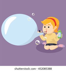 a woman blowing bubbles text