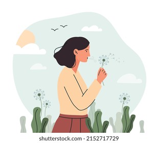 Woman blowing dandelion. Young girl with flower in hand, character in nature, weekend vacation. Active lifestyle. Character makes wish, imagination and fantasy. Cartoon flat vector illustration