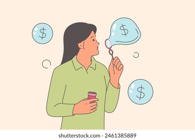 Woman blowing financial bubbles as metaphor for creating money from air or making unreliable investments. Money bubbles around girl who trusts dubious economic instruments to make profit