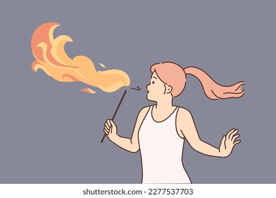 Woman blowing fire with mouth. Confident male mouth fakir engaged in fire show. Occupation and danger. Vector illustration. 