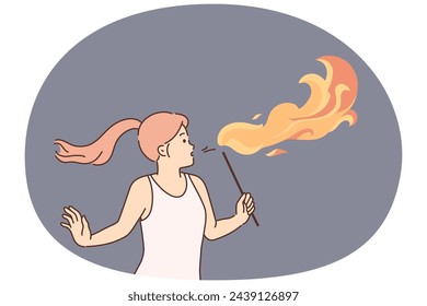 Woman blowing fire with mouth. Confident male mouth fakir engaged in fire show. Occupation and danger. Vector illustration.