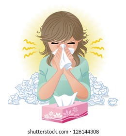 Woman blowing nose. Hay fever,allergy, flu.Gradients and blend tool is used.