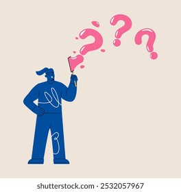 Woman blowing  question mark bubble. Colorful vector illustration