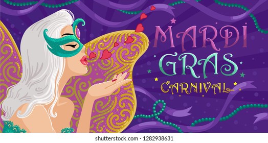 Woman blowing side view kiss from her hand. Red heart shaped blown. masquerade mask red lips and manicured nail.Glittering butterfly wings and beautiful fantasy masks. Purple, green and yellow tones. 