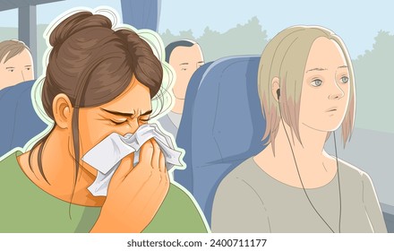 A woman blows her nose on public transportation. A woman cries on public transport. Healthcare illustration. Vector illustration.