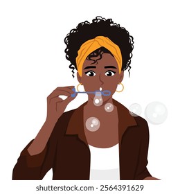 Woman blows soap bubbles enjoying presence free time. Flat vector Character Illustration