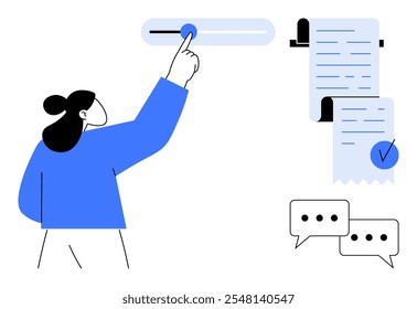 A woman in blue adjusts a slider next to scrolls of paper with text and checkmarks, accompanied by speech bubbles. Ideal for productivity, digital communication, workflow management, task completion