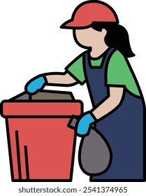 A woman in a blue apron is emptying a trash can. She is wearing a red hat and blue gloves