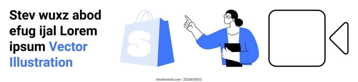 Woman in blue attire pointing to a shopping bag image next to text, accompanied by a play button symbol. Ideal for online shopping, e-commerce, tutorials, educational content, and presentations