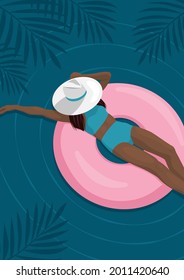 Woman in blue bikini wearing a hat enjoying her holidays at the pool. Relax on the beach.  Vacation by the sea. Top view. Modern simple, vector flat illustration.