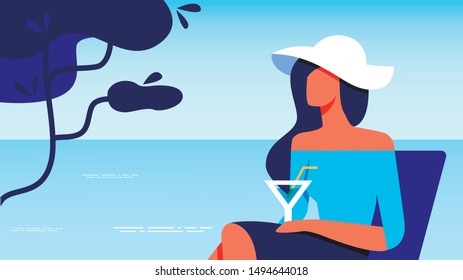 Woman in Blue Blouse with Glass in Hand Sitting near Sea. Vector Illustration. Woman in White Hat with Cocktail Sitting near Sea. Terrace with View to Sea. Happy Holiday. Summer Enjoy. Drink Cocktail.