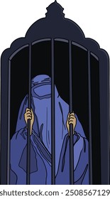 
A woman in a blue burqa stands behind bars on the window vector illustration. Protect afghan women. Simple vector illustration of the woman in burka. Andkhoy, Faryab Province, Northern Afghanistan