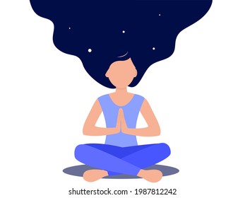 Frauen in blauen Kleider tun Yoga Übung Vektorgrafik. Lotus Pose. Lange Haare wie Kosmos. Flache Illustration für Poster, Banner, Infografiken