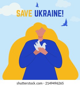 Woman in blue clothes with yellow hair holding white dove. Ukraine support concept