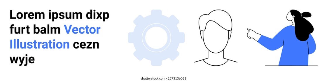 A woman in blue, a cogwheel, and a man in minimalist line art alongside lorem ipsum text. Ideal for business, teamwork, collaboration, project management, and web design. Banner for landing page