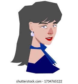 
woman in blue dress with black hair in earrings smiling