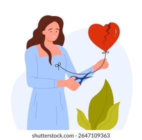 Woman in blue dress cutting string of broken heart balloon, symbolizing emotional release, isolated vector illustration