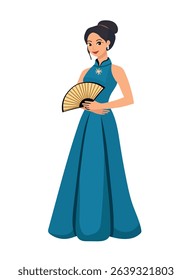 Woman in blue dress with fan, asian style. Flat vector clipart, illustration with isolated background.