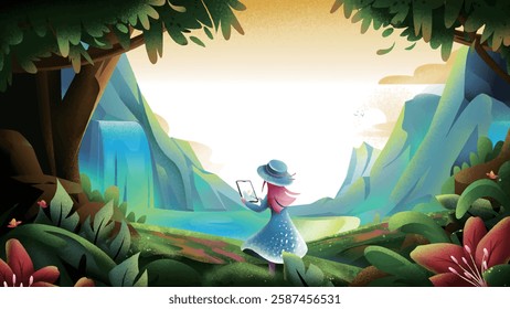 A woman in a blue dress and hat capturing a photo with her smartphone in a lush, sunlit forest with a waterfall.
