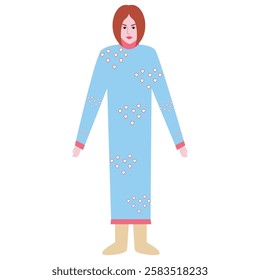 Woman in a blue dress with heart patterns. Vector illustration.