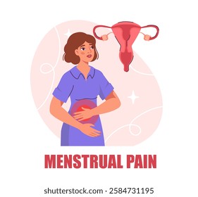 Woman in a blue dress holding her stomach in pain with a uterus illustration above. Abstract background. Concept of menstrual pain