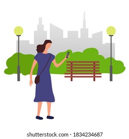 A woman in a blue dress with a phone and a handbag walking in a park. Vector illustration. Isolated. Flat design.