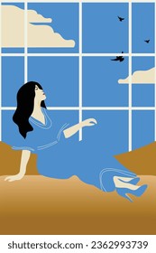 A woman in a blue dress sits on a couch looking out a window at sky, clouds, and birds in an illustration incorporating negative space.