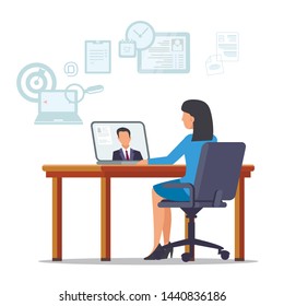 Woman in Blue Dress Sitting at Table with Laptop. Resume on Laptop Monitor. Open Vacancy. Search Candidate for Position. Vector Illustration. HR Manager. Recruitment Agency. Review Resume.