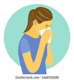 A woman in blue dress sneezing in handkerchief. Sneezing woman concept vector illustration on white background. Sick woman sneeze in side view. Season allergy.