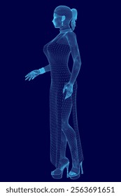 Woman in a blue dress is standing in front of a blue background. The dress is long and the woman is wearing high heels