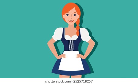 Uma mulher de vestido azul com avental branco e cabelo vermelho. Ela está sorrindo e de pé com os braços cruzados