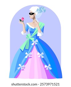 A woman in a blue dress and a white wig from the 18th century Rococo dress with a Venetian mask and flower in her hands. Vector illustration