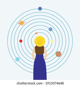 Woman In Blue Dress And Yellow Hat Standing In Front Of Planet Earth, Mars, Jupiter, Mercury, Uranus, Venus And Saturn.