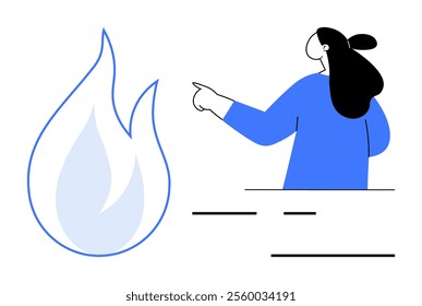 Woman in blue gesturing towards a large flame on the left, with placeholder text lines underneath. Ideal for safety, awareness campaigns, instructions, educational materials, presentations. Flat