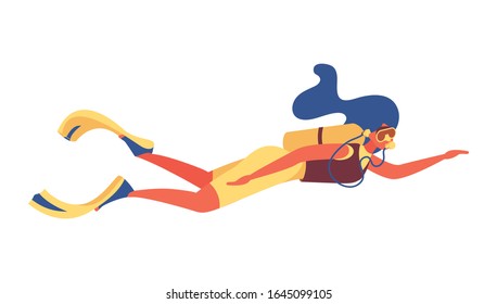 Woman with blue hair diving. Isolated sport character with aqualung or scuba gear and flippers.