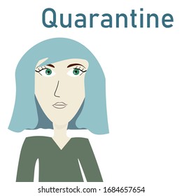 woman with blue hair on a white background. quarantine. self isolation. To stay home. girl is looking up. Coronovirus Precautions. covid-19. vector eps 10