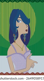 Woman with blue hair in party clothes, necklace and earrings with green abstract background.