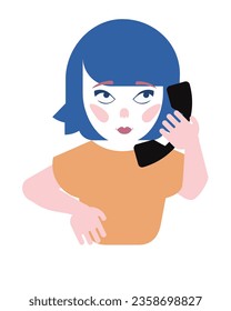 Woman with blue hair using telephone receiver