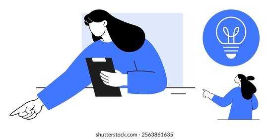 Woman in blue holding a clipboard and pointing. A circular light bulb symbol beside her and a smaller figure replicating the same action. Ideal for education, leadership, ideas, innovation, teamwork