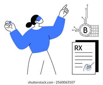 Woman in blue holds a small blue object while pointing upward. Near her, a Bitcoin symbol with circuit lines and a prescription document are shown. Ideal for technology, healthcare, finance, digital