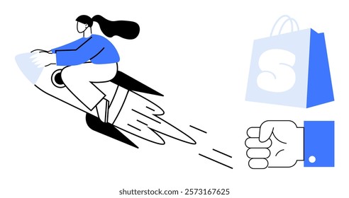 Woman in blue jacket cool riding rocket right, shopping bag near fist bump gesture. Ideal for e-commerce, creativity, innovation, personal achievement, branding. Minimalist modern style