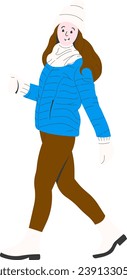 Woman in Blue Jacket Strolling in Winter Illustration