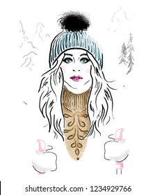 Woman with blue knitted hat, brown knitted sweater, skis against the backdrop of mountains, sky, spruce forest. Illustration in hand made style. Unique design for fashion, beauty, sport, lifestyle