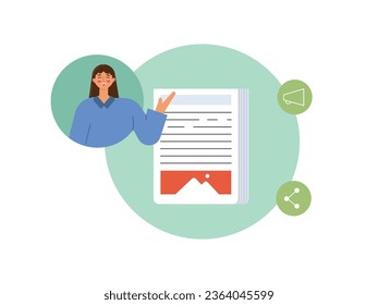 The woman in the blue long shirt was explaining. Writing design for a journalist's blog. Character design. Vector flat illustration