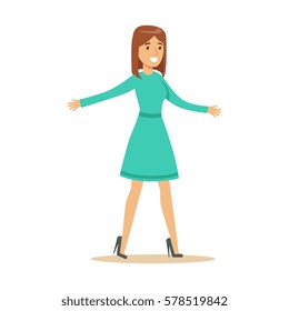 Woman In Blue Long Sleeve Dress Overwhelmed With Happiness And Joyfully Ecstatic, Happy Smiling Cartoon Character