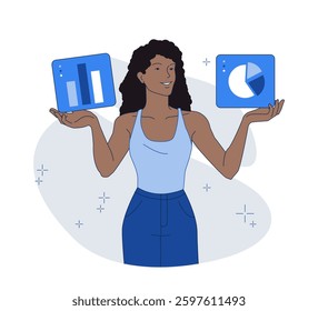 A woman in a blue outfit holds two data charts, one with bar graphs and the other with pie charts, symbolizing data analysis. Modern flat design on a white background. Vector illustration