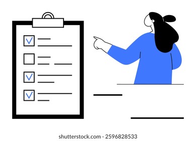 Woman in blue outfit pointing at a clipboard with ticked and unticked checkboxes. Ideal for productivity, task management, workflow, daily planning and office work themes. Flat minimalist style